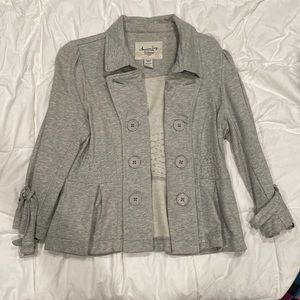 American Rag light gray casual jacket, peplum, buttons, ties